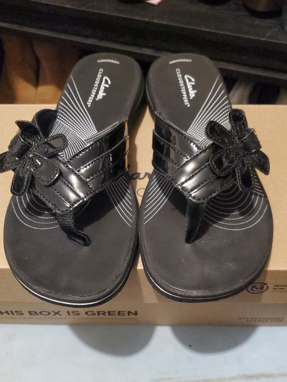 Clarks Black Patent Girls Floral Toe-Post Sandals